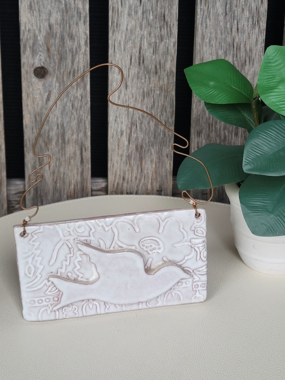 Layered Clay Terra Cotta White Glazed Bird & Wire Art
